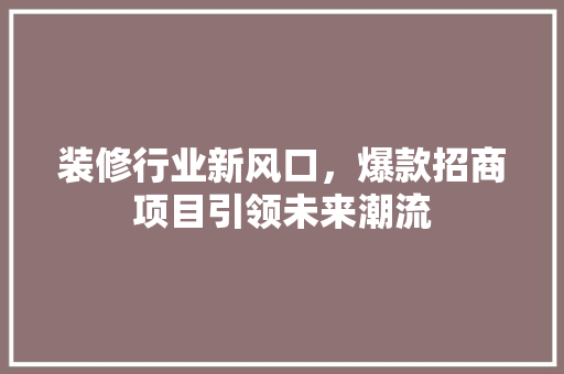 装修行业新风口，爆款招商项目引领未来潮流